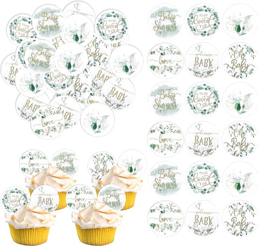 60 PCS Edible Baby Shower Cupcake Toppers Woodland Jungle Leaf Love Welcome Baby Cupcake Picks Edible Oh Baby Cake Decorations for Baby Shower Theme Gender Reveal Kids Birthday Party Supplies