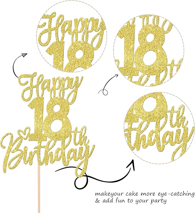 1 PCS Happy 18th Birthday Cake Topper Glitter Cheers to 18 Years Birthday Cake Pick Eighteen Hello 18 Fabulous Cake Decoration for Happy 18th Birthday Anniversary Party Decorations Supplies Gold
