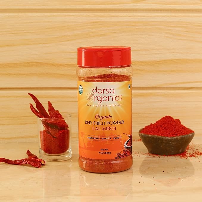 Darsa Organics Indian Red Chili Powder 3.5 oz - USDA Organic Certified Premium Red Chili Powder Organic from India, Non-GMO, Kosher, Gluten Free Chilli Powder Seasoning for Authentic Indian Dishes & Recipes, Packed in a convenient Food Grade PET Jar