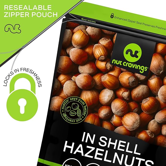 NUT CRAVINGS, Raw Hazelnuts Filberts In Shell, Whole, (32oz - 2 LB) Bulk Nuts Packed Fresh in Resealable Bag, Healthy Protein Food Snack, Food Assortments Ideal for Trail Mixed Nuts