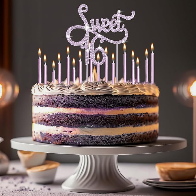 Tondiamo Sweet 16 Birthday Decorations Rhinestone Sweet 16 Cake Toppers 20 Pcs Metallic Happy Birthday Candles 16 Cake Decorations for Cupcake Decor(Purple)