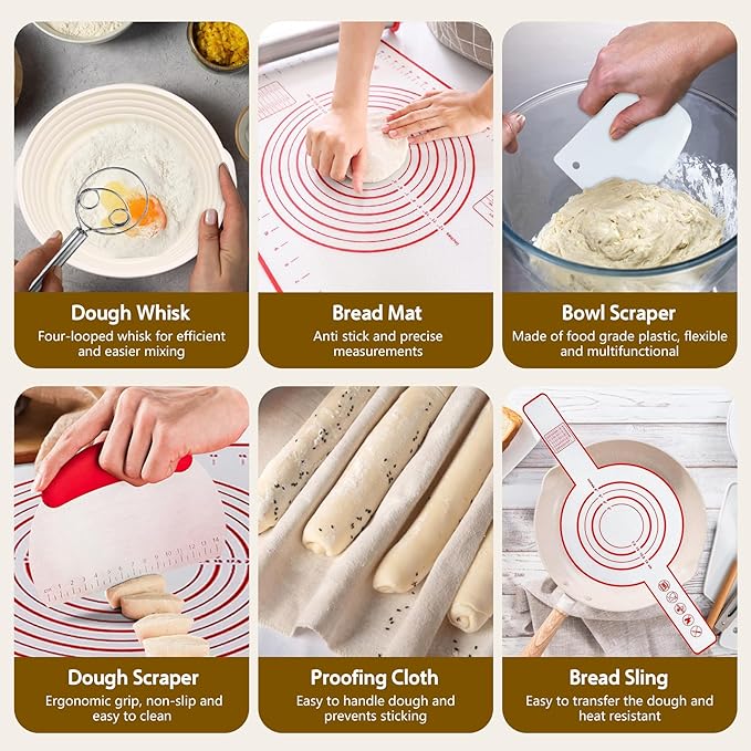 Aliggbent Silicone Banneton Bread Proofing Baskets, 10'' Oval ï¼?9'' Round Foldable Sourdough Bread Baking Supplies 18Pcs Sourdough Starter Kit Easy-to-Clean Proofing Baskets for Sourdough Bread Baking