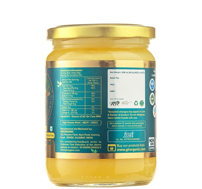GirOrganic Grass Fed A2 Ghee | Clarified Butter (16 Oz) - Unsalted Gir Cow Ghee Butter - Organic Ghee Oil - Pasture Raised, Lactose-Free 16 Oz