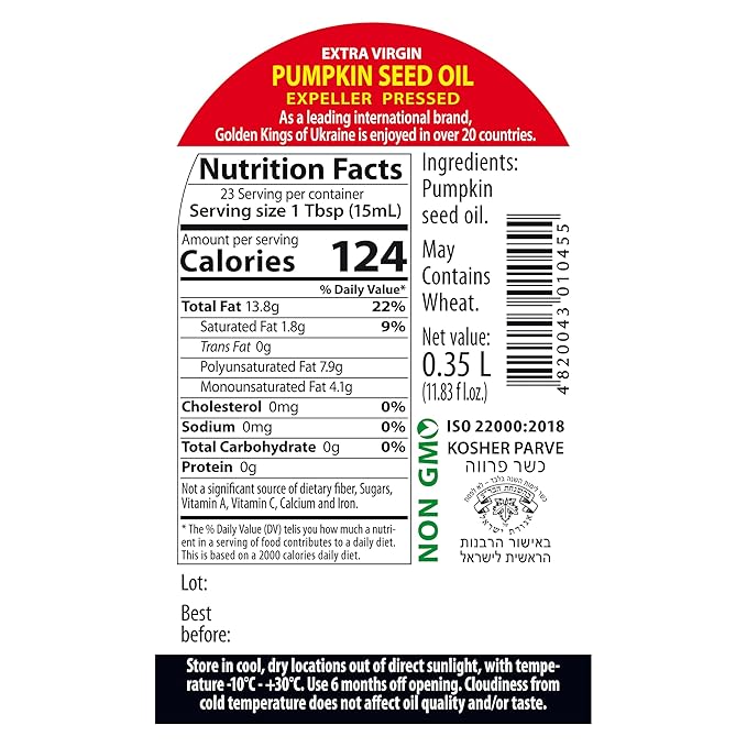 Pumpkin Seed Oil 11.83 OZ - Pure Extra Virgin Unrefined Cold Pressed Vegetable Oil for Cooking