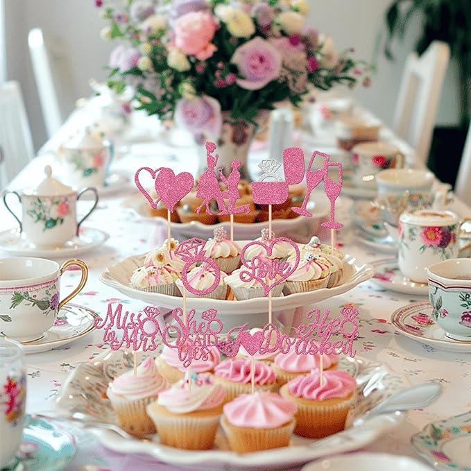 30 PCS He Asked She Said Yes Cupcake Toppers Glitter Engagement Cupcake Toppers Miss to Mrs I Do Love Heart Ring Miss to Mrs Cupcake Picks for Wedding Engagement Party Cake Decorations Supplies Pink