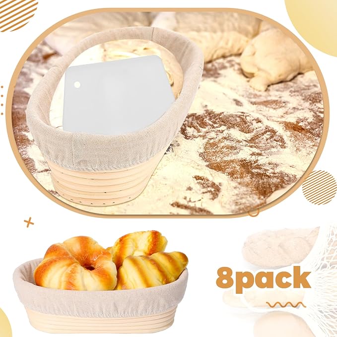 Gejoy Oval Banneton Bread Proofing Basket Set of 8, Sourdough Bread Baking Bowl Kit with Cloth Liners and Dough Scrapers Natural Rattan Banneton Sourdough Bowl Basket for Bakers(10 Inch)