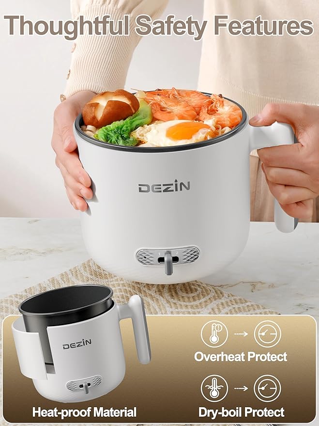 Dezin Hot Pot Electric with Steamer, 1.8L Ramen Cooker Dual Power, Portable Non-Stick Electric Pot for Soup, Pasta, Egg, Oatmeal, Overheat & Boil-Dry Protection, Ideal for Dorm, Office