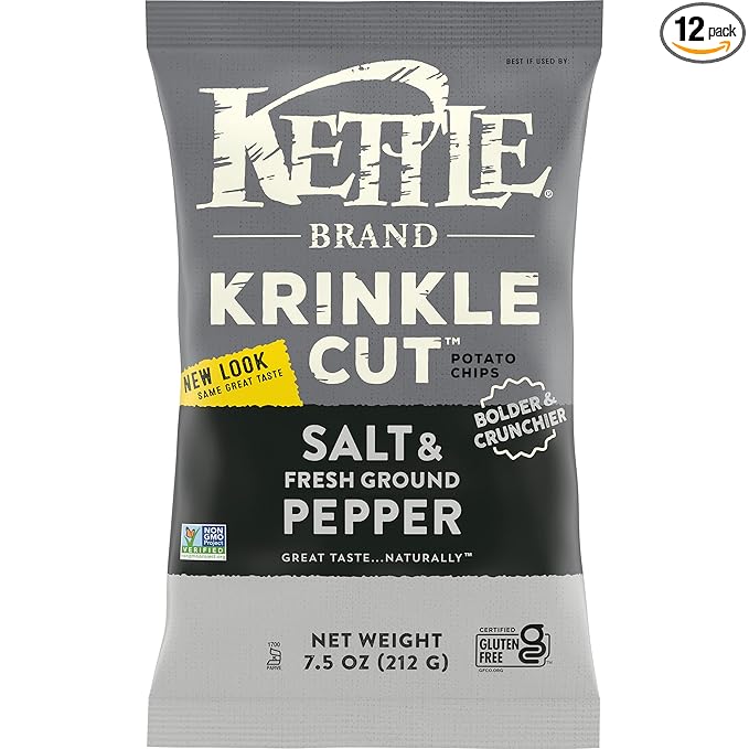 Kettle Brand Krinkle Cut Salt and Fresh Ground Pepper Kettle Potato Chips, Gluten-Free, Non-GMO, 7.5 oz Bag (Pack of 12)