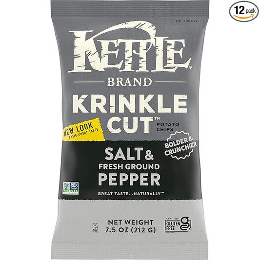 Kettle Brand Krinkle Cut Salt and Fresh Ground Pepper Kettle Potato Chips, Gluten-Free, Non-GMO, 7.5 oz Bag (Pack of 12)