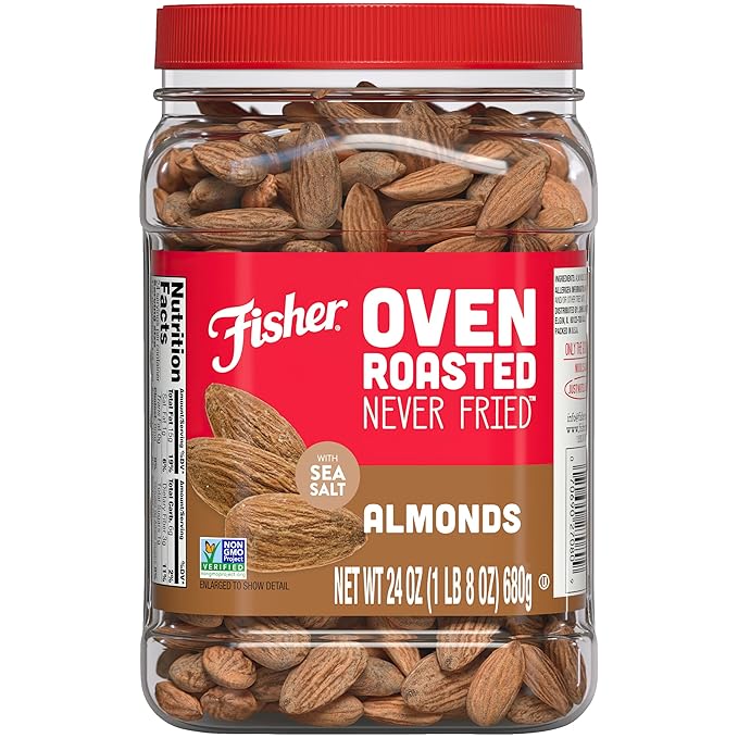 Fisher Oven Roasted Never Fried Almonds, 24 Ounces (Pack of 1), Heart Healthy Snacks for Adults, Made with Sea Salt, No Added Oil, Artificial Ingredients or Preservatives, Gluten Free, Vegan Protein