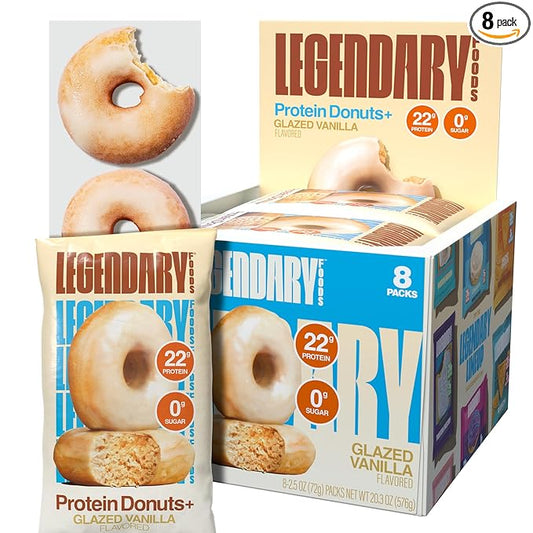 Legendary Foods 22gr Protein Donuts - Glazed Vanilla 8x (2 Donuts per Pack), High Protein, Zero Sugar, Gluten Free and Low Carb, Keto Friendly Snack, Healthy Donut for GLP-1, Diabetic, Bariatric Diets