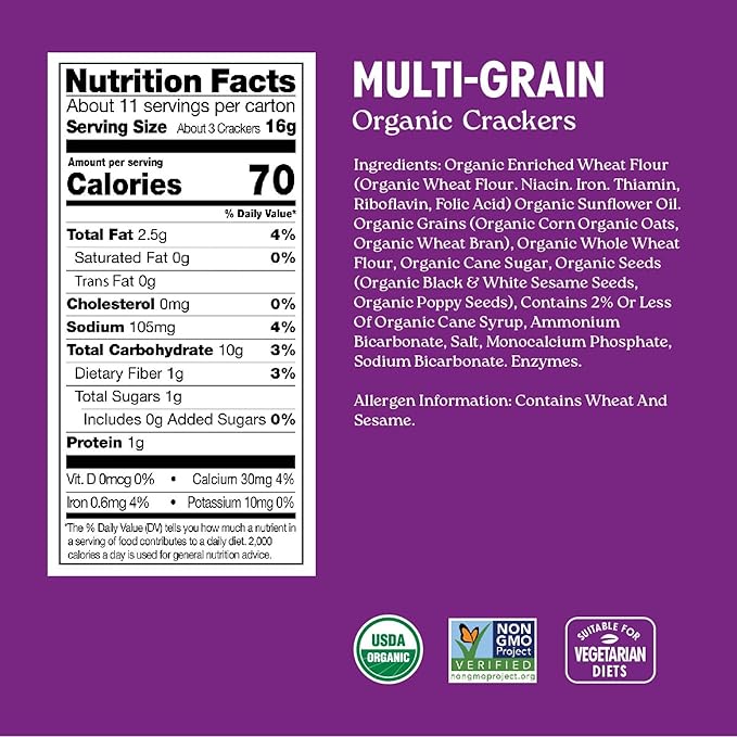 Milton's Organic Crackers, Multi-Grain - Certified Organic, Non-GMO Project Verified, Kosher, Made With 4 Whole Grains & 3 Seeds, Great for Charcuterie Boards - 24 Oz, Pack of 6
