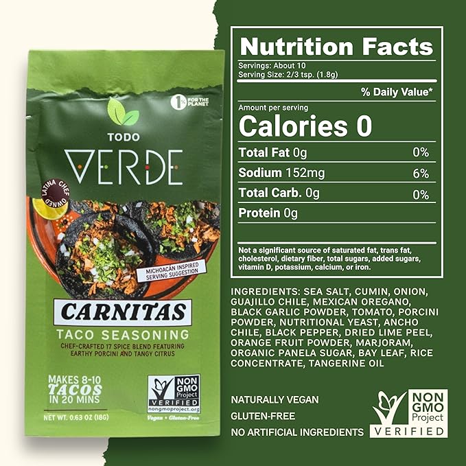 Carnitas Healthy Taco Seasoning Packets - Todo Verde Mexican Seasoning Mix | Chef Curated Taco Blends with Porcini Mushroom & Black Garlic | Vegan, Gluten Free, Preservative Free (6 Pack)