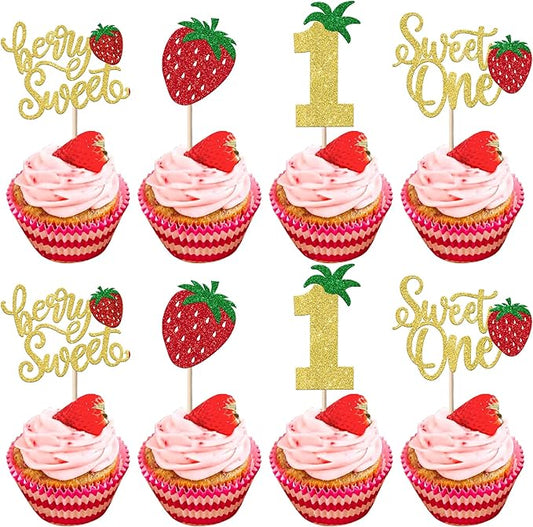 24 Pack Sweet One Cupcake Toppers Glitter First Birthday Strawberry Cupcake Picks for Fruit Baby Shower 1st Birthday Berry Sweet Cupcake Decorations Party Supplies Gold