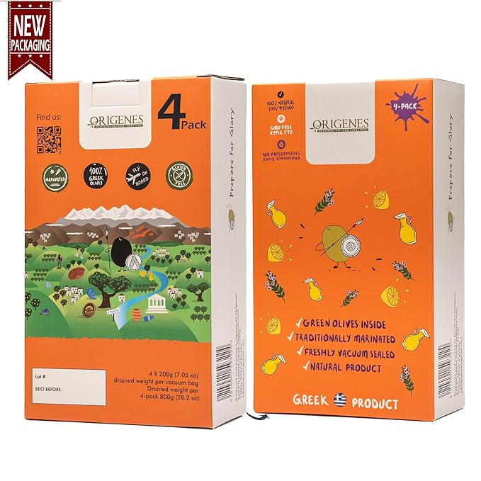Pack of 4 Green Olives in Vacuum Bag , Marinated Olives in Savory Lemon Juice, Freshly Sealed Olives with Extra Virgin Oil 4X200g