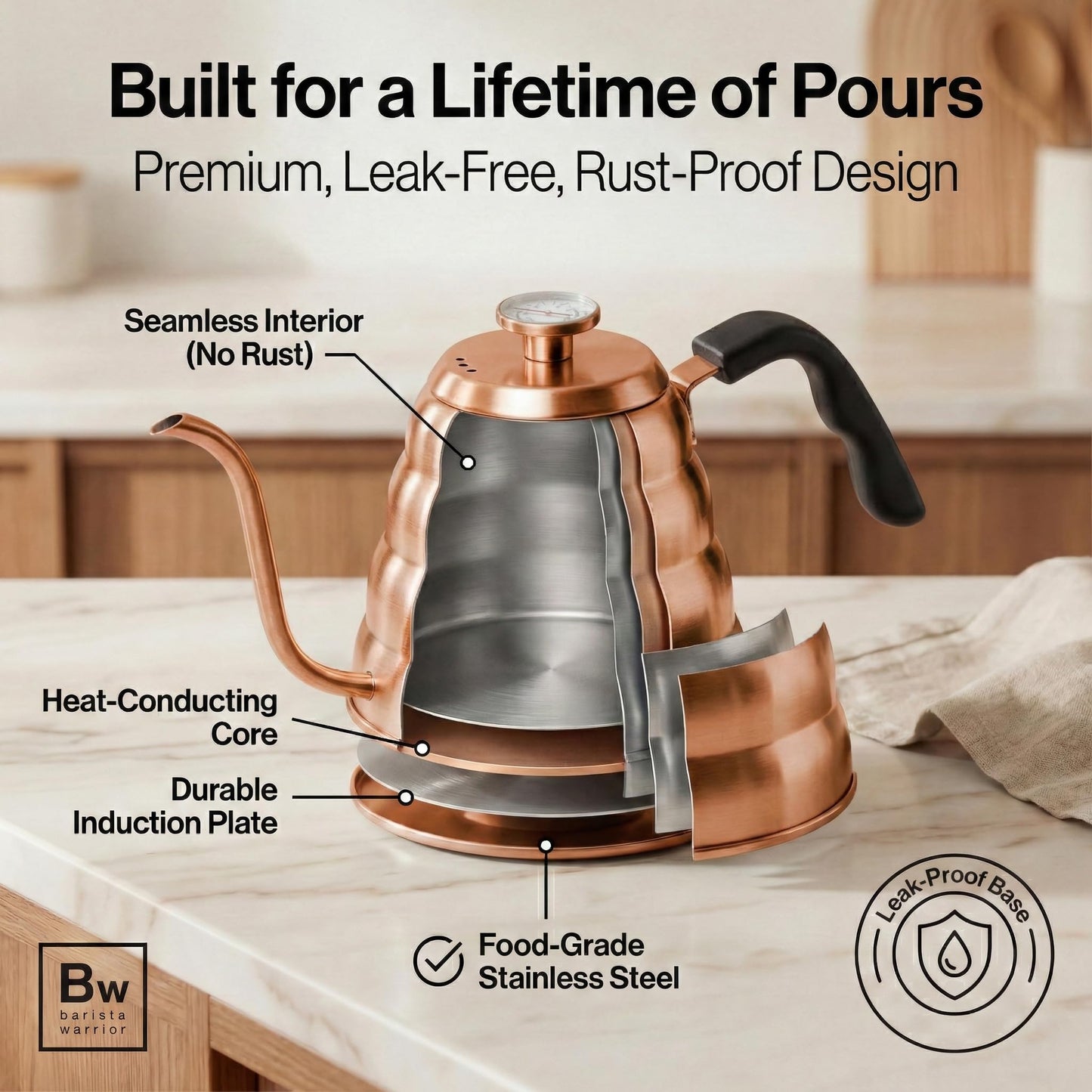 Barista Warrior Gooseneck Kettle with Thermometer - 1.2L Pour Over Coffee & Tea Kettle, Copper