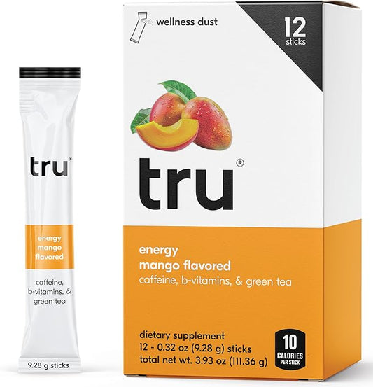 Tru Energy Powder, Natural Caffeine Supplement with Green Tea Extract, Pre Workout Drink Mix with Vitamin B6, Vitamin B12, Monk Fruit & Stevia, Sugar Free, Gluten Free, Vegan, Mango Flavor, 12 Packets