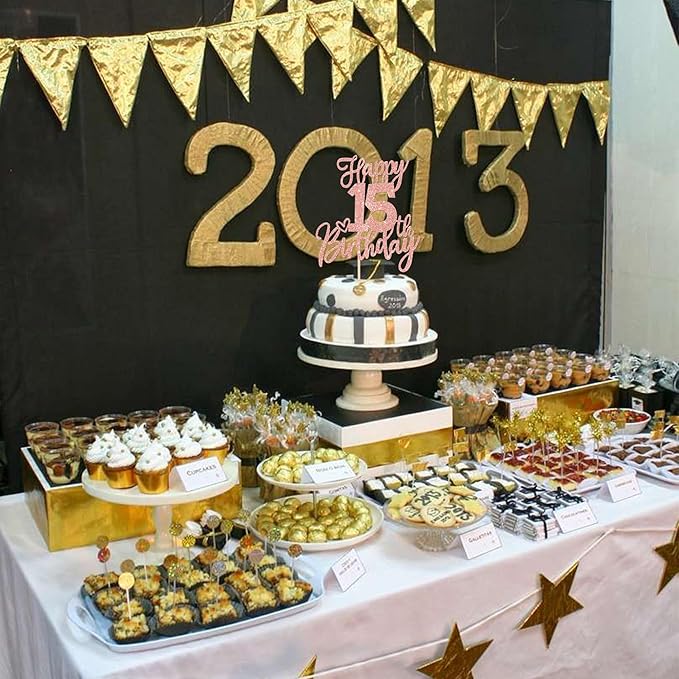 1 PCS Happy 15th Birthday Cake Topper Glitter Cheers to 15 Years Birthday Cake Pick Sweet 15 Fabulous Cake Decorations for Happy 15th Birthday Anniversary Theme Party Supplies Rose Gold