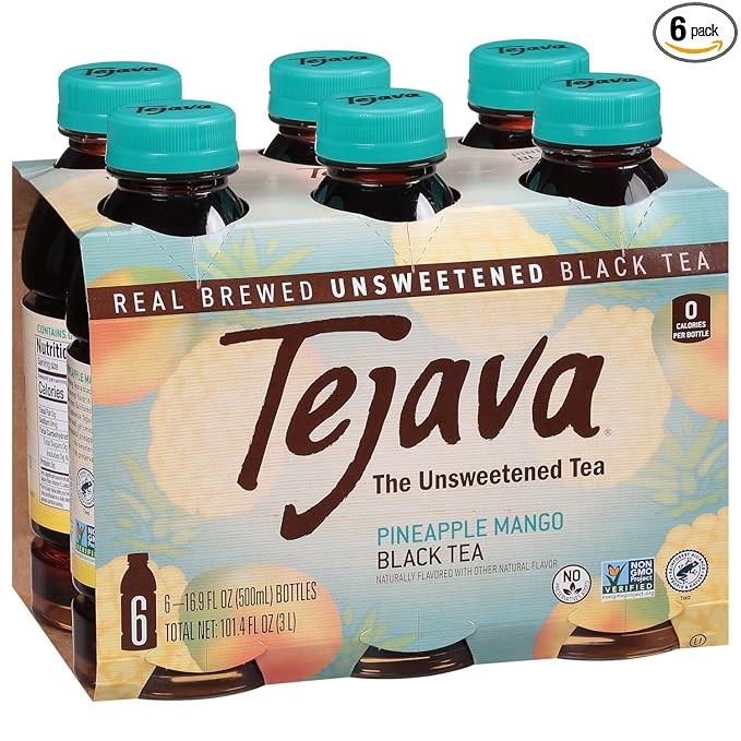 Tejava Pineapple Mango Black Tea, 6 Pack 16.9 oz PET, Unsweetened, Ready-to-Drink Premium Iced Tea
