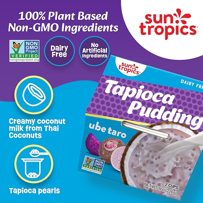 Sun Tropics Tapioca Pudding, Ube Taro | Vegan Dairy Free Pudding | Gluten Free, Non-GMO Project Verified | Ready-to-Eat Cups | 4oz (Pack of 12)