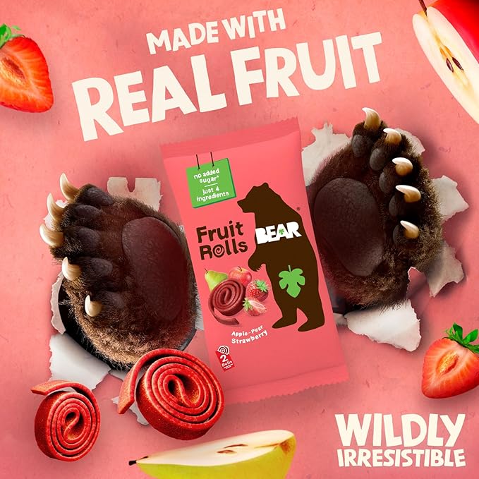 BEAR Real Fruit Snack Rolls - Gluten Free, Vegan, and Non-GMO - Strawberry ??36 Rolls, Healthy School And Lunch Snacks For Kids And Adults, 0.7 Ounce (Pack of 18)
