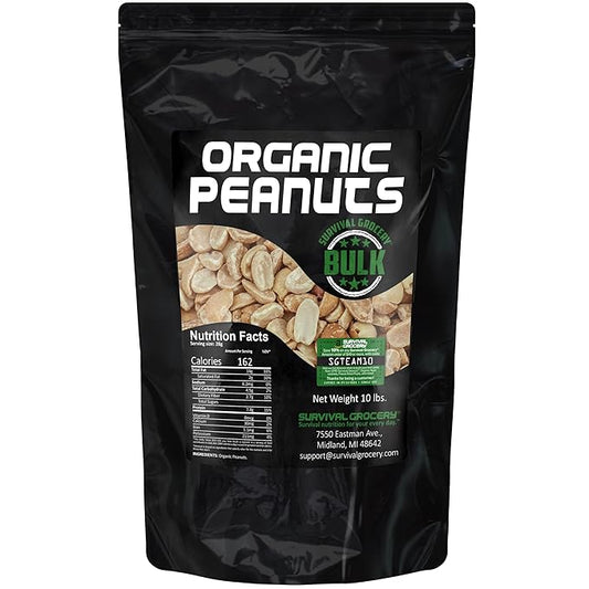 Survival Grocery짰 Organic Dry Roasted Peanuts - Protein Rich, Non-GMO, Gluten-free, Vegan-friendly, Low Carb Snack, Packed With Essential Vitamins & Minerals, Heart Healthy, Fiber-filled (10 lbs. Bulk/1 Bag)