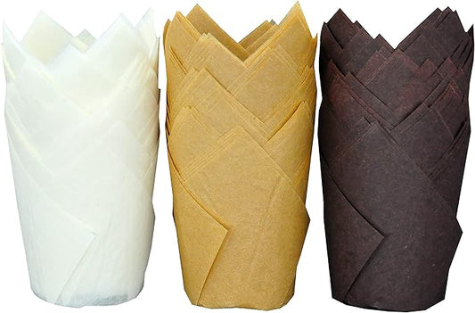 Large Greaseproof paper Wrappers Muffin Baking cupcake cups liners, 2-1/4" x 4" Natural,Brown,White 3 colours in a box Tulip Baking Cups Holders 125 pcs (Large) (125, Multi 3)