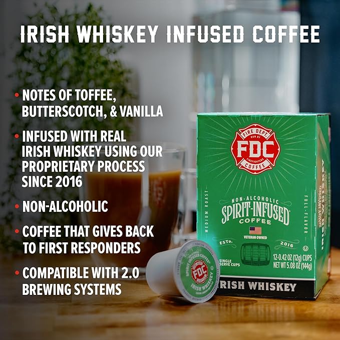 Fire Department Coffee - Gives Back to Firefighters - Irish Whiskey Infused K Cups - Non-Alcoholic - Roasted in the USA - Made with Premium Coffee Beans - Veteran Owned - 12 Single Pods