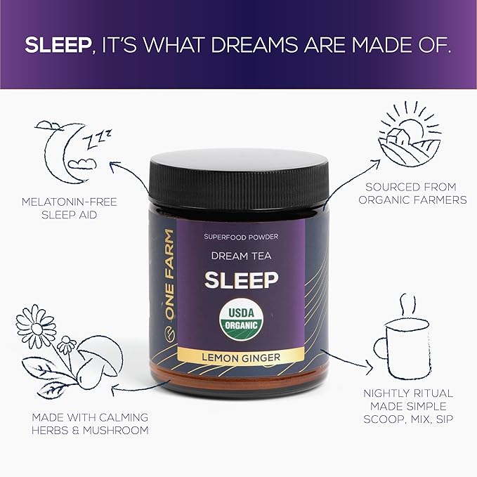 One Farm Dream Tea Sleep Powder - with USDA Organic Reishi, Tart Cherry, Chamomile, Lemon Balm, and Passionflower - 45 Servings in a Resealable Glass Jar - Soothing Chamomile Flavor