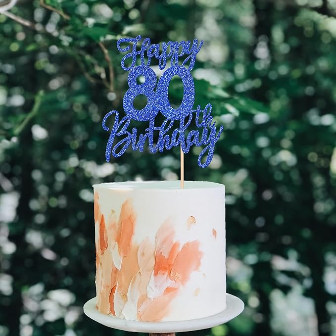 1 PCS Happy 80th Birthday Cake Topper Glitter Cheers to 80 Years Birthday Cake Pick Eighty Hello 80 Fabulous Cake Decoration for Happy 80th Birthday Anniversary Party Decorations Supplies Blue