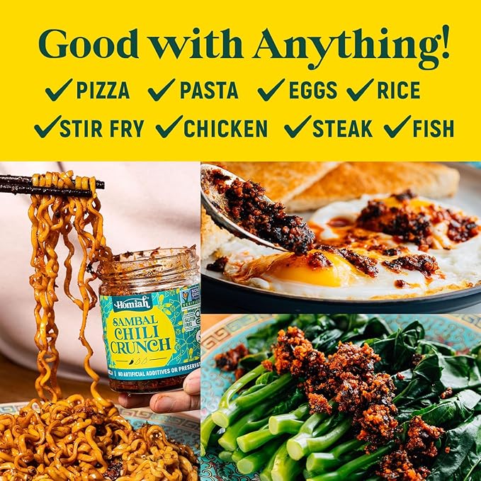 Homiah Sambal Chili Crunch, 6oz - Less Oil Low Sodium Gluten Free Vegan, Sambal Oelek Chili Paste, Crispy Chili Crunch Topping with Seaweed - Mild