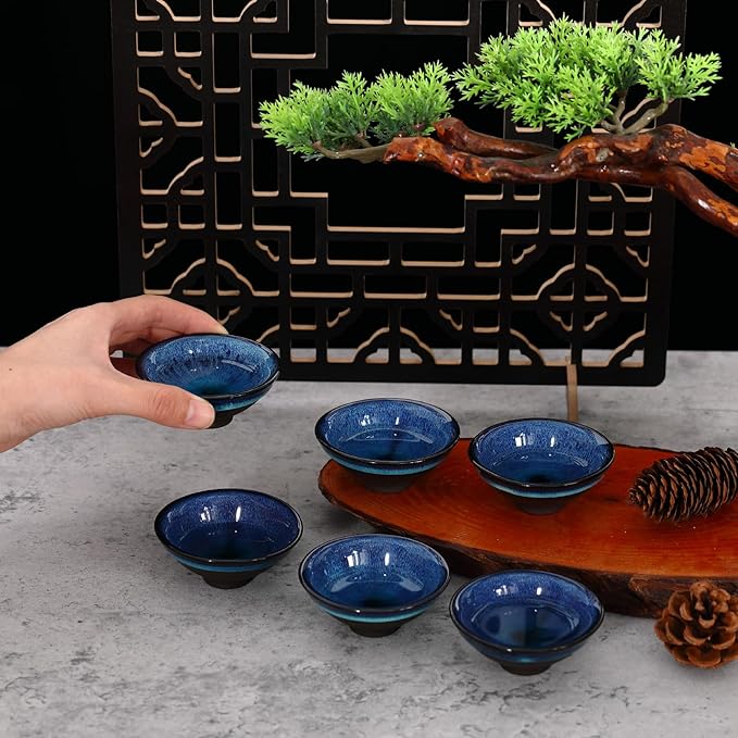 Skyley 6 Pieces Korean Soju Shot Glasses Sets Porcelain Cups Korean Ceramic Cups Tea Accessories Drinkware, Handcrafted Ceramic(Blue,Starry Sky Pattern)