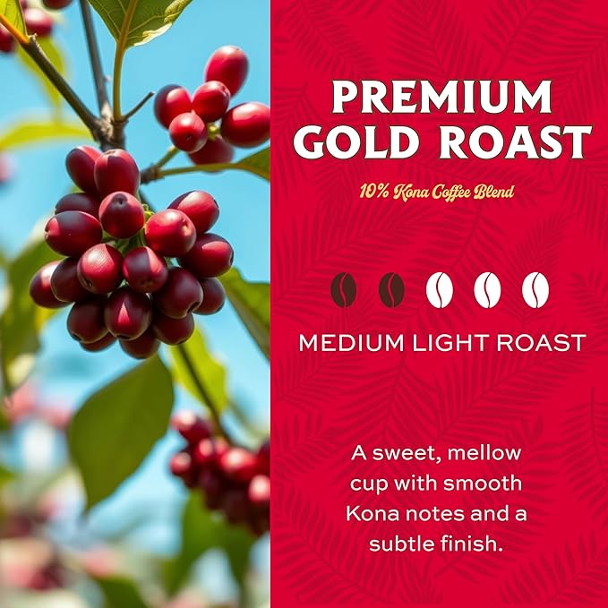 Lion Coffee Premium Gold Roast Whole Bean Coffee, 10% Kona Blend, Medium-Light Roast, A Taste of Aloha - 24 Ounce Bag