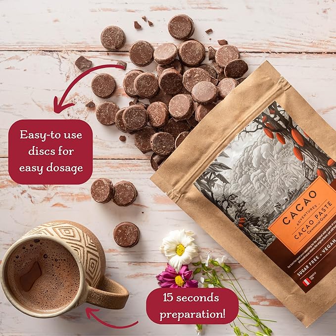 Cacao Adventures Ceremonial Cacao | Sacred Valley Peru 100% Pure Raw Cacao |Dairy Free & Vegan | Unsweetened | Ethically sourced and sustainably grown | Cacao Ceremony | Cusco Chuncho, 8 oz