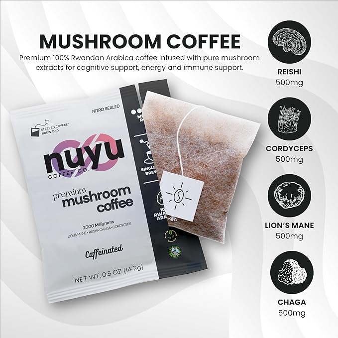 Nuyu Mushroom Coffee Brew Bags - Premium Coffee with 2000mg Functional Mushrooms - Lion's Mane, Chaga, Reishi, Codyceps - Energy, Focus & Immune Support - 7 Count - Medium Roast