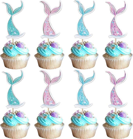 40 Pack Mermaid Cupcake Toppers Under the Sea Mermaid Tail Cupcake Picks for Summer Ocean Sea Animal Theme Baby Shower Kids Birthday Party Cake Decorations Supplies