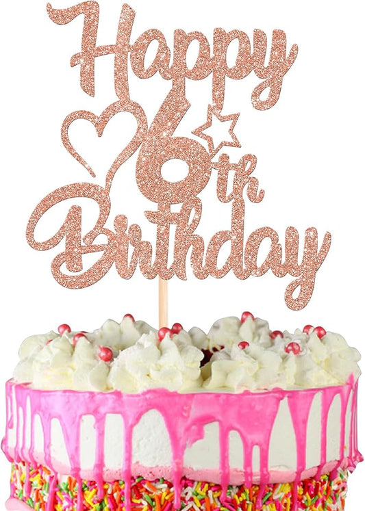 1 Pack Happy 6th Birthday Cake Topper - Glitter Heart Star 6 Fabulous Cake Picks - Rosegold