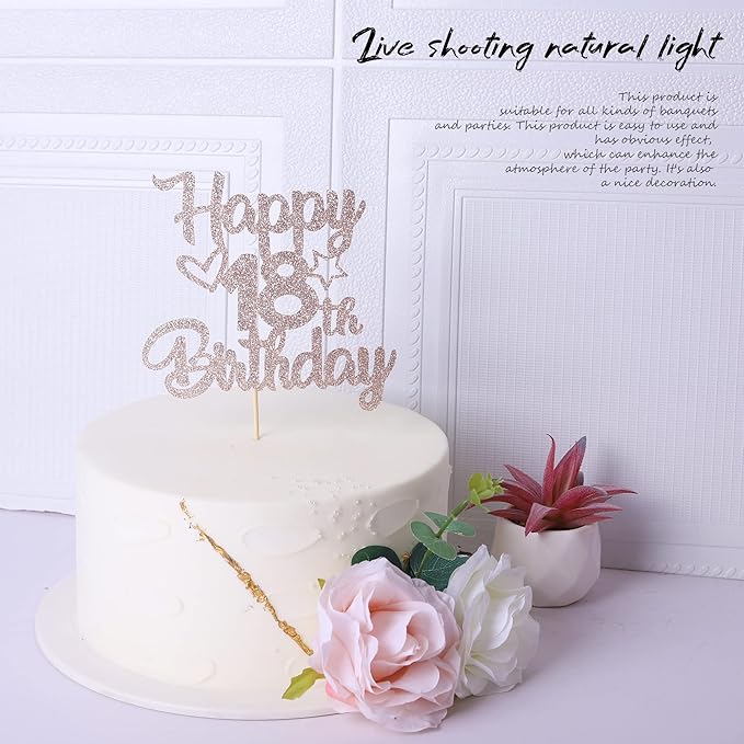 1 Pack Happy 18th Birthday Cake Topper Glitter Heart Star 18 Fabulous Cake Pick Birthday Sign Cake Decorations for 18th Birthday Theme Party Supplies Rose Gold