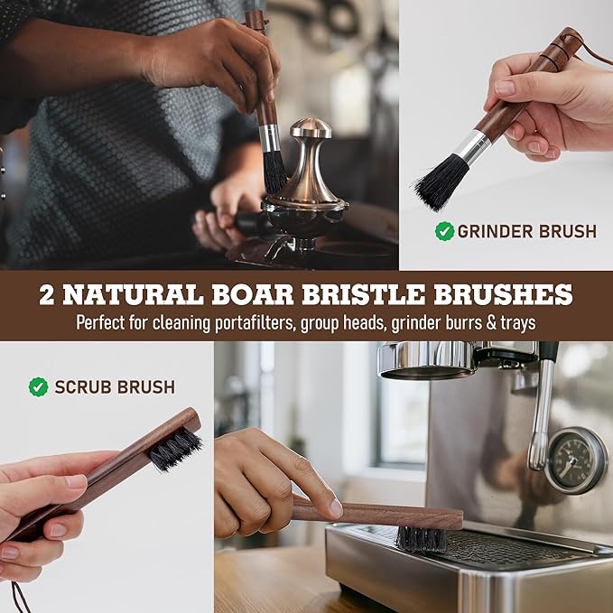 Takavu Coffee Grinder Cleaning Kit ??5pcs Boar Bristle Grinder Brush, Detail Scrub Brush, Steam Wand Brushes & Microfiber Towel for Espresso Machine Coffee Maker Pour Over