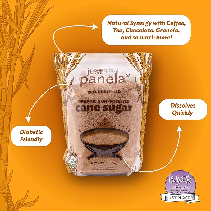 Just Panela Organic Unrefined Cane Sugar 5 Pound Pack of 1 | 100% Unprocessed, Raw Sugar | Great for Baking, Cooking & Sweetening | Healthier Alternative to Regular Refined Sugar