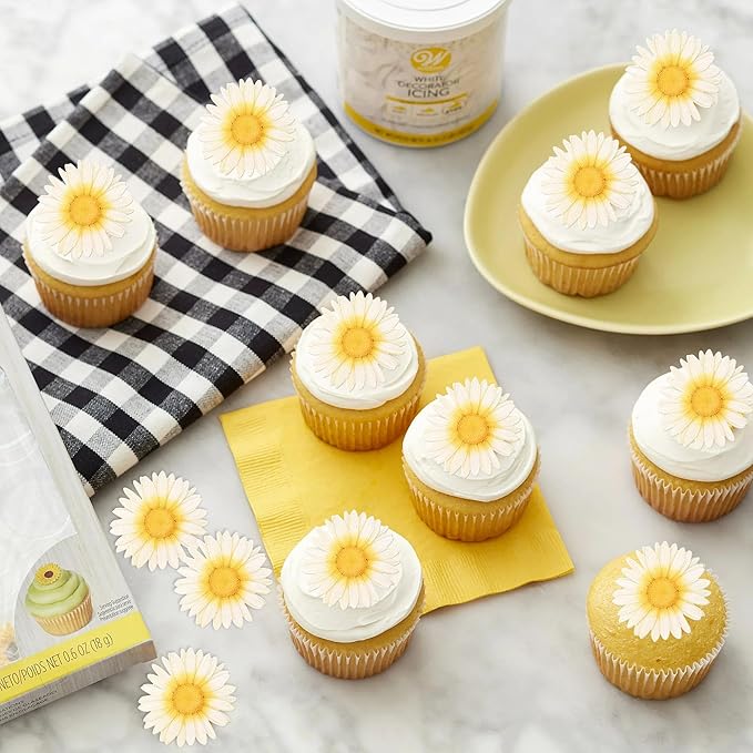 60 Pack Edible Flower Cupcake Toppers Wafer Paper Beautiful Flower Cake Picks for Wedding Birthday Theme Baby Shower Party Cake Decorations Supplies Light Yellow
