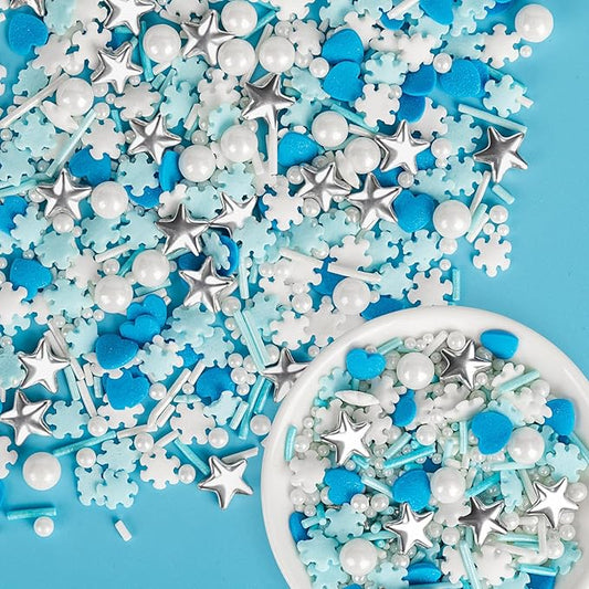 Edible Frozen Sprinkles ,Blue Heart White Snowflake Silver Star Pearl Jimmies Mix,130g/4.58oz,Winter Snow Sugar Pearls Sprinkles for Decorations Baking,Cake Ice Cream Cookies Cupcake Topper Chocolate,Birthday Children Party Dessert Decorating