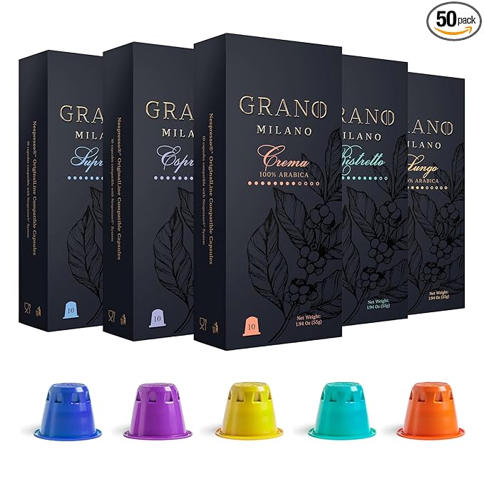 Grano Milano Lungo - 50 Espresso Pods Compatible with Nespresso Original line, 100% Arabica Medium Roast - Intensity 7/12, Coffee Capsules Made in Italy Espresso Coffee