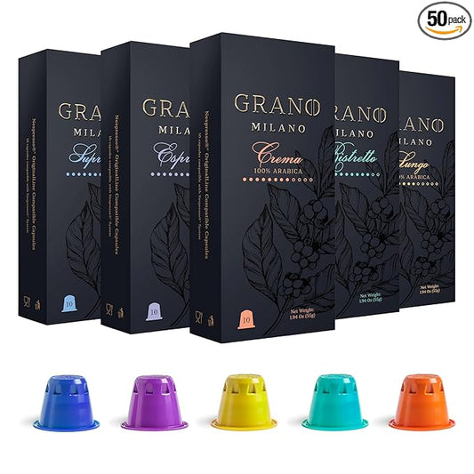 Grano Milano Lungo - 50 Espresso Pods Compatible with Nespresso Original line, 100% Arabica Medium Roast - Intensity 7/12, Coffee Capsules Made in Italy Espresso Coffee