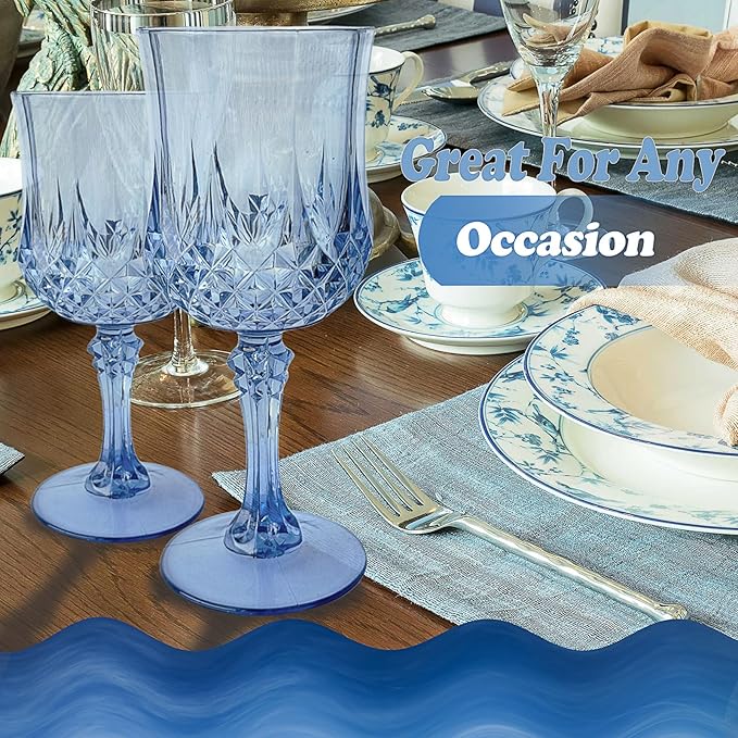 12 PCS Blue Plastic Wine Glasses,Reusable Plastic Wine Glasses,Blue Goblet Glass,Durable and Sturdy Cups Can Be Used for Various Parties Such as Weddings!
