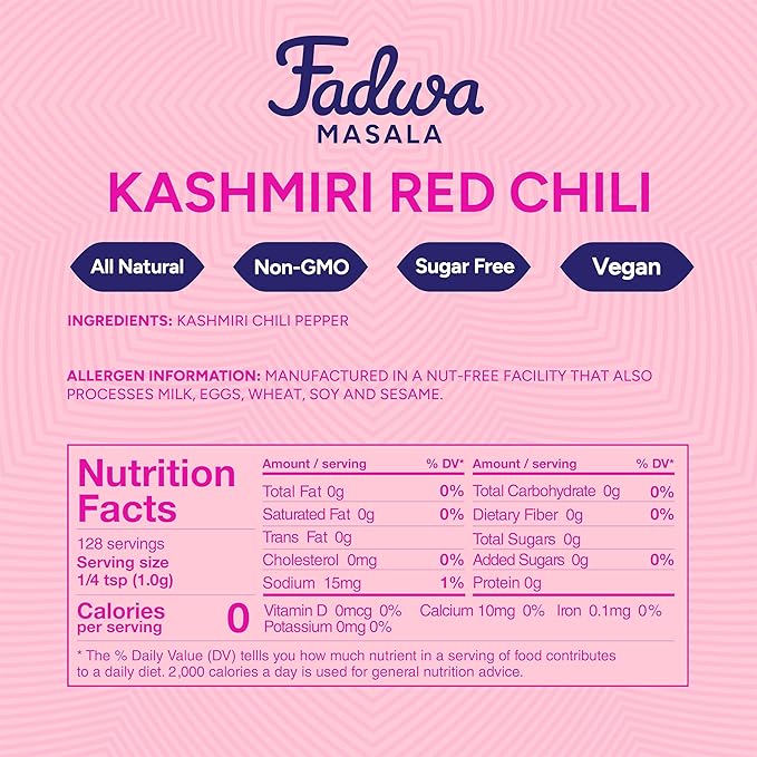 Fadwa Masala Kashmiri Red Chili Powder - 4.5 oz Jar, Authentic Desi Spices for Pakistani & Indian Cooking - No Artificial Ingredients - Gluten Free