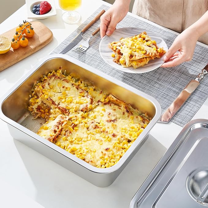 4 Inch Extra Deep Lasagna Pan with Lid, 11.8x15.7Inch 9.2QT Large Stainless Steel Nonstick Lasagna Baking Roasting Dish Pan for Oven(L, 1 Pack)