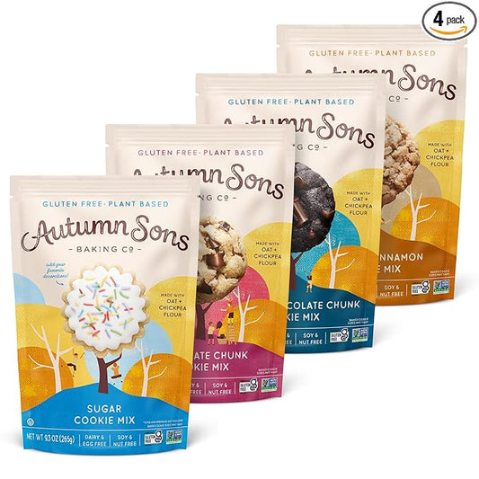 Autumn Sons Baking Co. Gluten Free Cookie Mix Variety Pack. Sugar Cookie, Chocolate Chunk, Double Chocolate Chunk & Oatmeal Cinnamon. Vegan Plant Based Baking Mix. Free From 11 Common Allergens. 9.3 oz (Pack of 4)