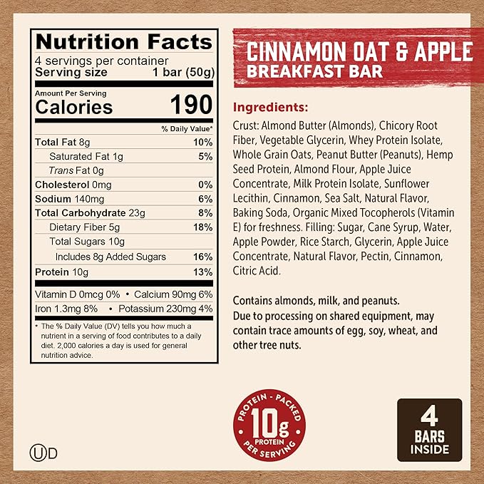 Kodiak Cakes Soft Baked Sandwich Breakfast Bar, Cinnamon Oat & Apple, High Protein, 100% Whole Grains, 12 boxes with 4 bars each (48 bars total)