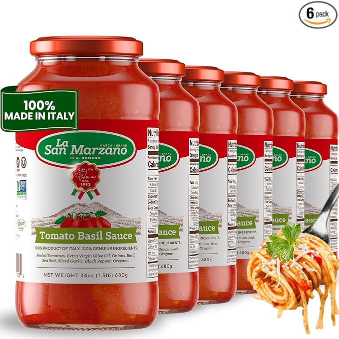La San Marzano Tomato Basil Sauce, 24 oz, Pasta Sauce Made in Italy, All Purpose Tomato Premium Quality, All Natural, Mediterranean Diet, Non GMO, Vegan, Gluten Free